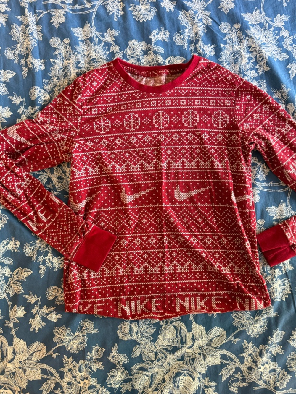 Nike Red and White Fair Isle Crewneck Sweater